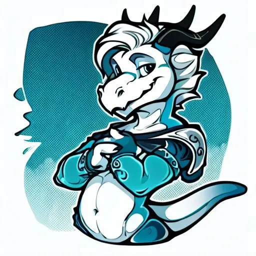 by nowandlater, male, solo, (anthro, dragon, sky blue skin, one skin color, lithe, white hair, black horns, wearing mage outfit,) OverallDetail, sticker, monochrome, color, simple background, solid outline, waist up,