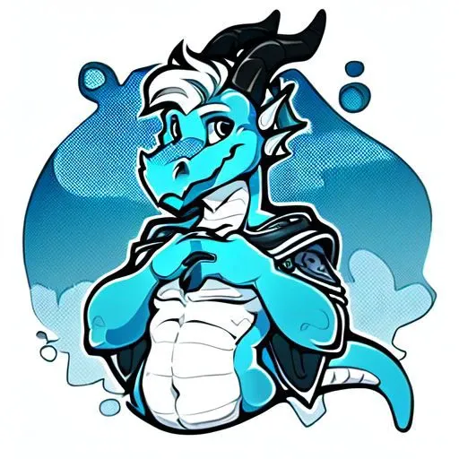 by nowandlater, male, solo, (anthro, dragon, sky blue skin, one skin color, lithe, white hair, black horns, wearing mage outfit,) OverallDetail, sticker, monochrome, color, simple background, solid outline, waist up,