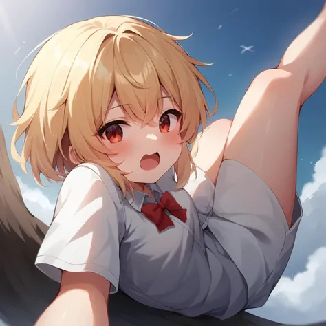 Masterpiece, highest quality, high definition, full body, girl alone, low angle, directly below, looking up from the feet to the head, blonde hair, bob cut, red eyes, sparkling eyes, ruby eyes, tanned skin, dark skin, underwear, underwear drawn in detail, sexy underwear, irreverent expression, under the blue sky, An island in perpetual summer.
M-shaped legs, sexy, lustrous expression, nipples visible, inverted nipples
