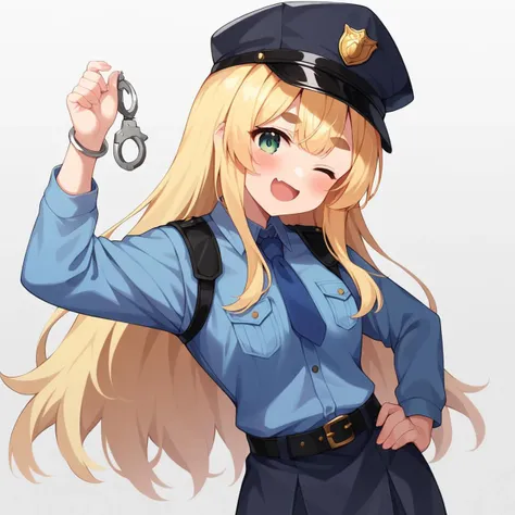 score_9, score_8_up, score_7_up, source_anime, <lora:Art style R245_pxl:1>art style r245, art style R245, 1girl, solo, long hair, looking at viewer, blush, smile, open mouth, bangs, skirt, blonde hair, simple background, shirt, long sleeves, hat, white background, holding, very long hair, green eyes, standing, one eye closed, necktie, collared shirt, belt, hand up, black skirt, uniform, vest, blue skirt, hand on hip, black headwear, :3, thick eyebrows, ;d, blue shirt, peaked cap, two-tone background, blue headwear, cuffs, blue necktie, blue vest, handcuffs, police, police uniform, policewoman, police hat, ;3