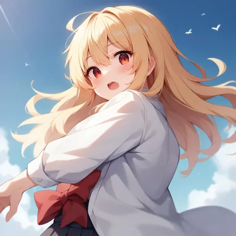 score_9, score_8_up, score_7_up, source_anime, <lora:Art style R245_pxl:1>art style r245, 1girl, blonde hair, open mouth, white shirt, looking at viewer, red bow, falling from the sky