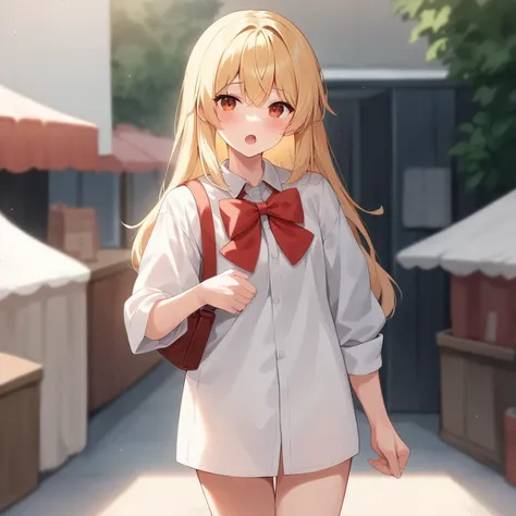 score_9, score_8_up, score_7_up, source_anime, <lora:Art style R245_pxl:1>art style r245, 1girl, blonde hair, open mouth, white shirt, looking at viewer, red bow, walking to the market