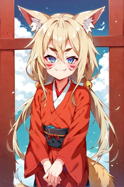 sscore_9, score_8_up,score_7_up,source_anime,BREAK young face,small height,red eyeliner,thick eyebrows,small fox ears,facial mark,fox mark,light blue eyes,slit pupils,standing,shrine,soft blonde, hair between eyes,bangs,traditional_clothes,tail,looking at viewer,dual fangs,low twintails,long twintails,smug,hair bell ornament,solo  <lora:tanabae_kyou_style_pony6_v1:1>