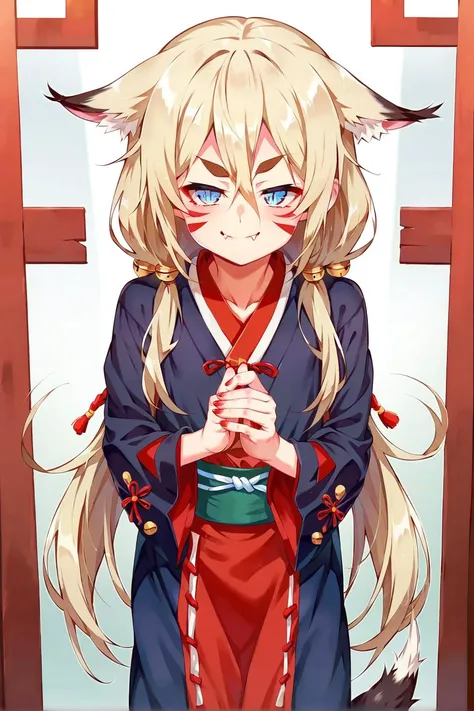 sscore_9, score_8_up,score_7_up,source_anime,BREAK young face,small height,red eyeliner,thick eyebrows,small fox ears,facial mark,fox mark,light blue eyes,slit pupils,standing,shrine,soft blonde, hair between eyes,bangs,traditional_clothes,tail,looking at viewer,dual fangs,low twintails,long twintails,smug,hair bell ornament,solo <lora:tanabae_kyou_style_pony6_v1:1>