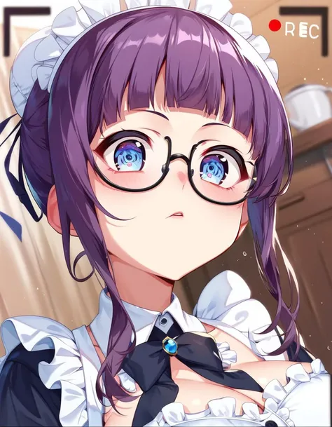 score_9, score_8_up,score_7_up,score_6_up, rating_safe, 1girl, large breasts, hair bun, maid, glasses, recording studio, blunt bangs, sidelocks, purple hair, <lora:tanabae_kyou_style_pony6_v1-000014:1>, blue eyes, strap