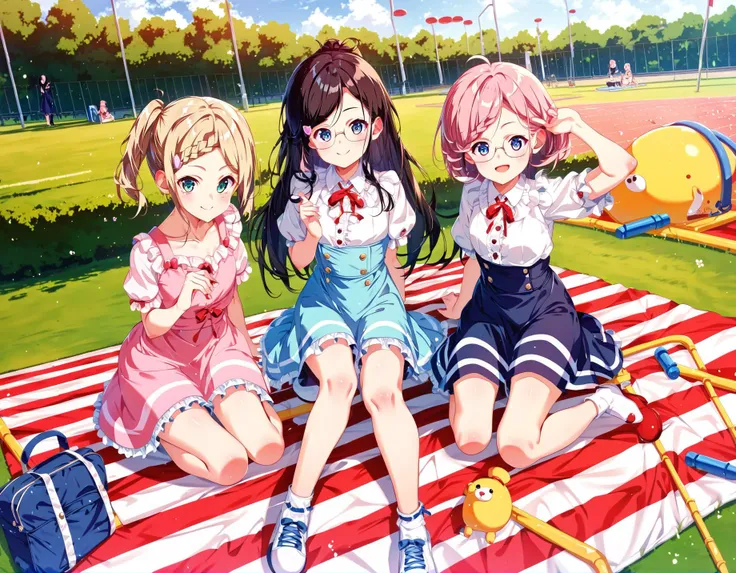 score_9, score_8_up,score_7_up,score_6_up, rating_safe, 3girls are sitting on the floor, park, picnic, wariza, pink hair, blonde hair, black hair, glasses, smile, looking at viewer, playground, 
<lora:tanabae_kyou_style_pony6_v1-000014:1.1>