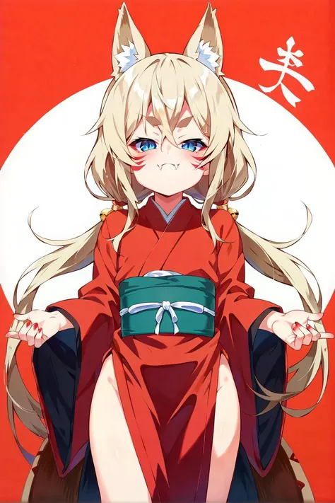 sscore_9, score_8_up,score_7_up,source_anime,BREAK young face,small height,red eyeliner,thick eyebrows,small fox ears,facial mark,fox mark,light blue eyes,slit pupils,standing,shrine,soft blonde, hair between eyes,bangs,traditional_clothes,tail,looking at viewer,dual fangs,low twintails,long twintails,smug,hair bell ornament,solo <lora:tanabae_kyou_style_pony6_v1:1>