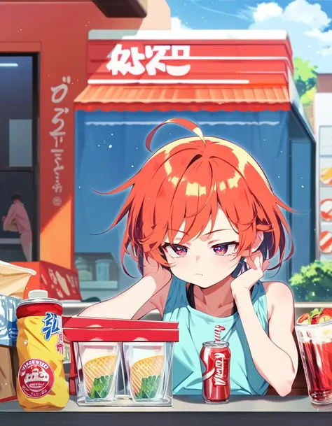 score_9, score_8_up,score_7_up,score_6_up, a girl drinking soda, bored, supermarket <lora:tanabae_kyou_style_pony6_v1-000014:1>