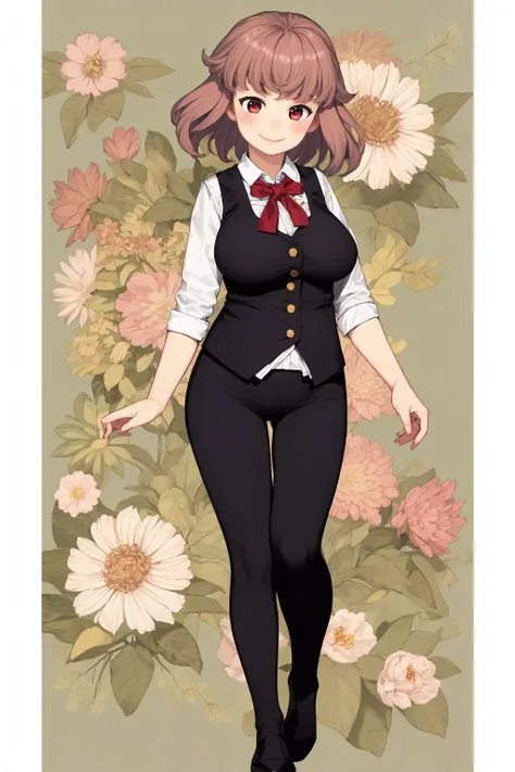 full body, solo, 1girl, looking at another, smile, blush, large breasts, waistcoat, sunbeam, Memosa \(flower\), floral background <lora:Yoshikazu_Hamada_style_v02:1>