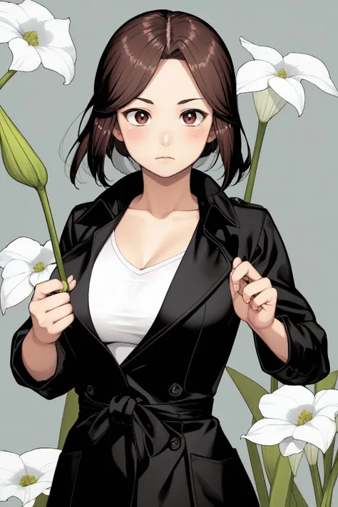 upper body, solo, 1girl, looking at viewer, contempt, blush, large breasts, trench coat, day, Zantedeschia \(flower\), floral background <lora:Yoshikazu_Hamada_style_v01:1.2>
