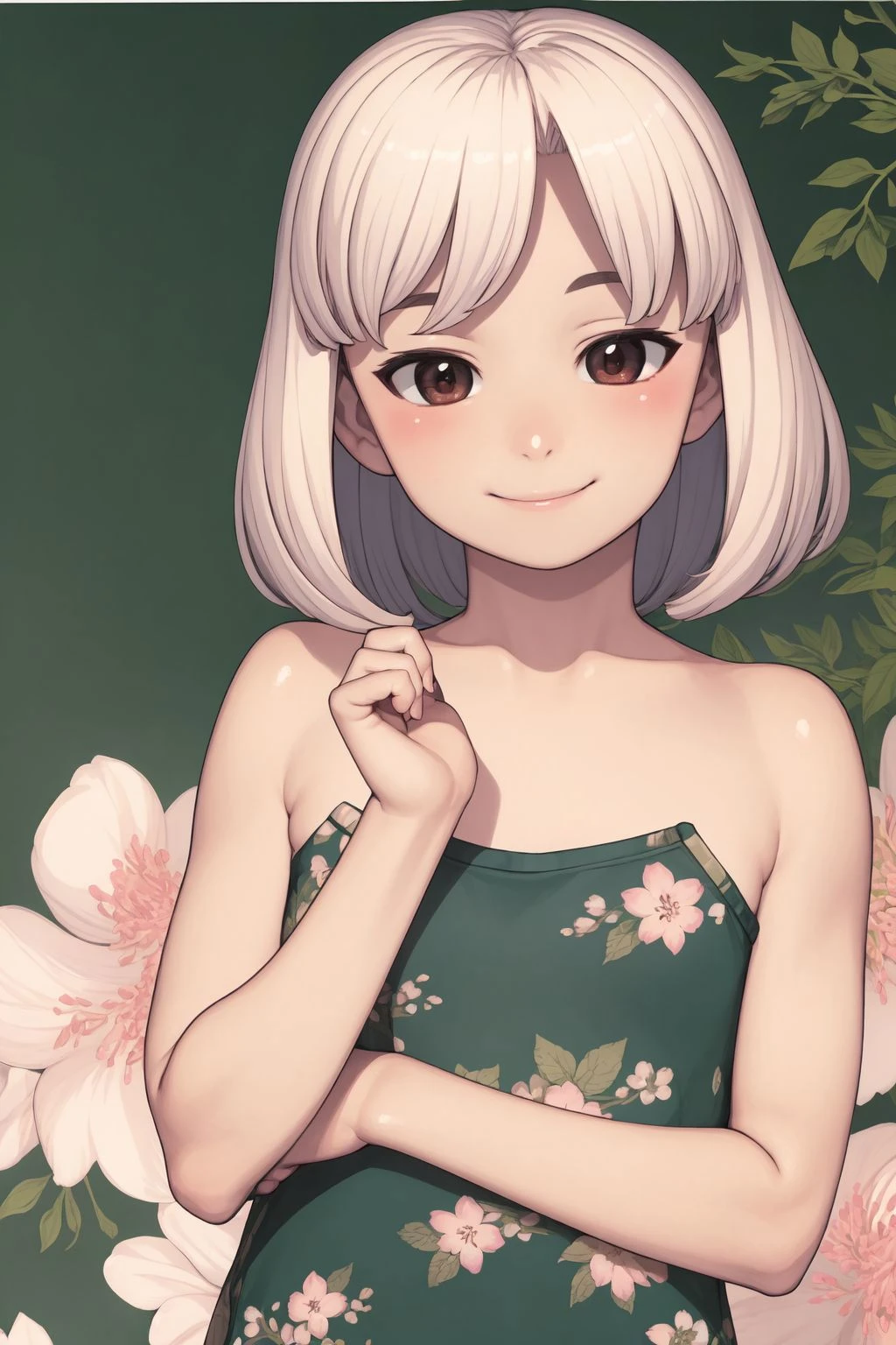 upper body, solo, 1girl, looking at another, smile, blush, flat chest, halterneck, sidelighting, Syringa vulgaris \(flower\), floral background <lora:Yoshikazu_Hamada_style_v02:1>