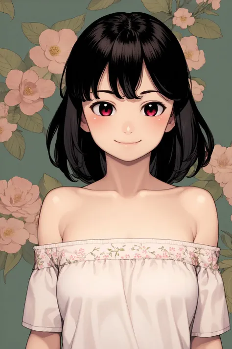 upper body, solo, 1girl, looking afar, smile, blush, small breasts, off-shoulder shirt, glttering light, Amaranthus hypochondriacus \(flower\), floral background <lora:Yoshikazu_Hamada_style_v02:1>