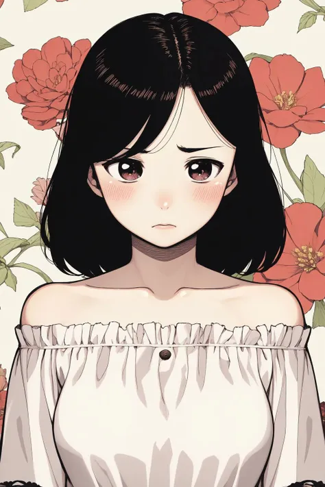 upper body, solo, 1girl, looking down, sick, blush, medium breasts, off-shoulder shirt, dim light, Casa Blanca \(flower\), floral background <lora:Yoshikazu_Hamada_style_v01:1.2>