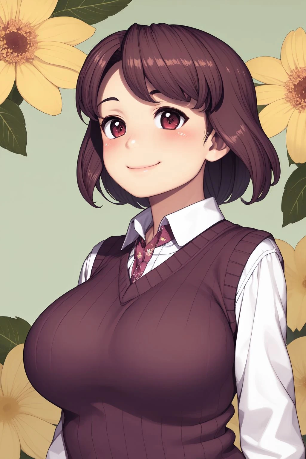 upper body, solo, 1girl, look up to, smile, blush, large breasts, sweater vest, god rays, Common Myrtle \(flower\), floral background <lora:Yoshikazu_Hamada_style_v02:1>
