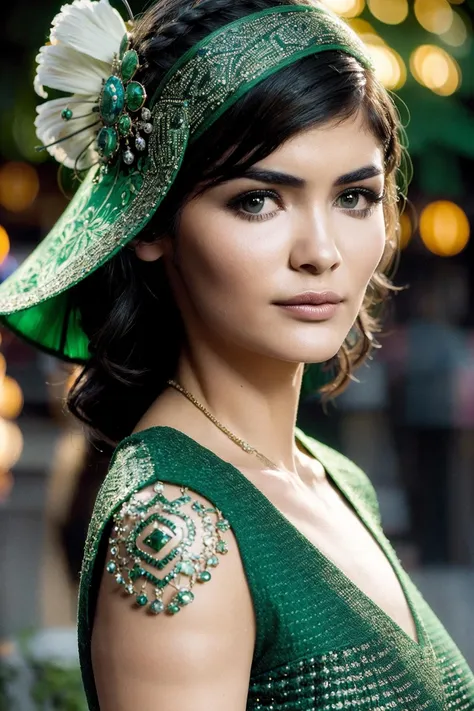 <lora:Audrey_Tautou:0.85> Mesmerizing and beautiful woman, maximalist fashionista, different shades of green and silver, bokeh background, kiss, Olivier Rusten and Stefano Gabbana, backlight (intricate details, hyperdetailed:1.15) (skin texture:1.2)