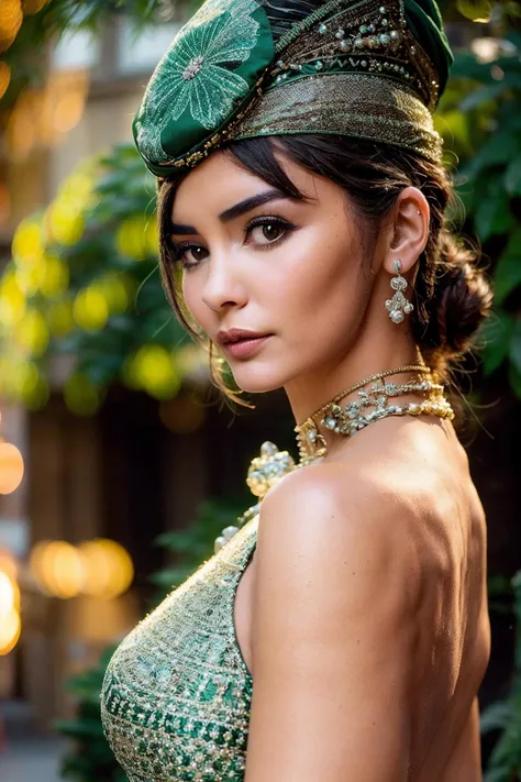 <lora:Audrey_Tautou:0.85> Mesmerizing and beautiful woman, maximalist fashionista, different shades of green and silver, bokeh background, kiss, Olivier Rusten and Stefano Gabbana, backlight(intricate details, hyperdetailed:1.15) (skin texture:1.2)