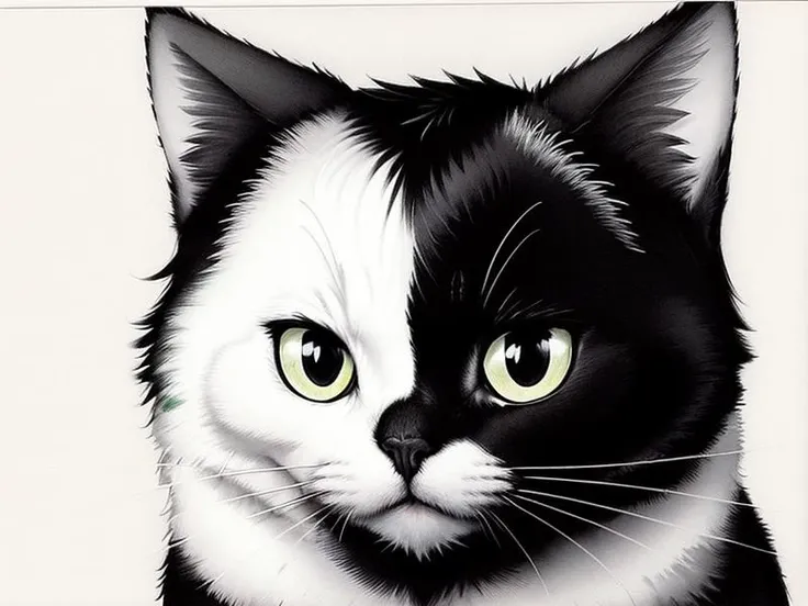 a black catwith a white muzzle, black and white kitten, (best quality:1.5), closeup, green eyes, 2d art, art, ink draw, contrast, low colors, masterpiece, art by Kaethe Butcher <lora:cat:0.6>, simple white background