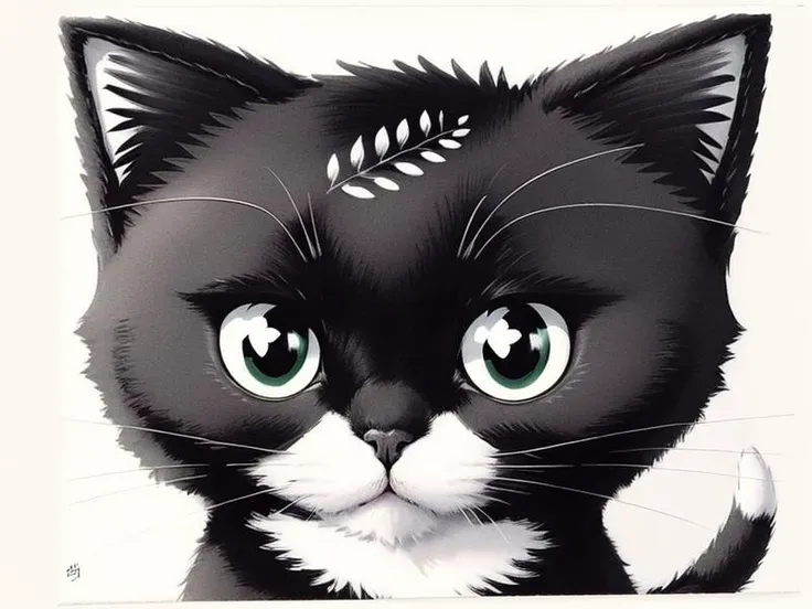 a black cat with a white muzzle, black and white kitten, (best quality:1.5), (closeup), kitten head, green eyes, 2d art, art, ink draw, wide brush strokes, contrast, low colors, masterpiece, art by Kaethe Butcher <lora:cat:0.6>, simple white background