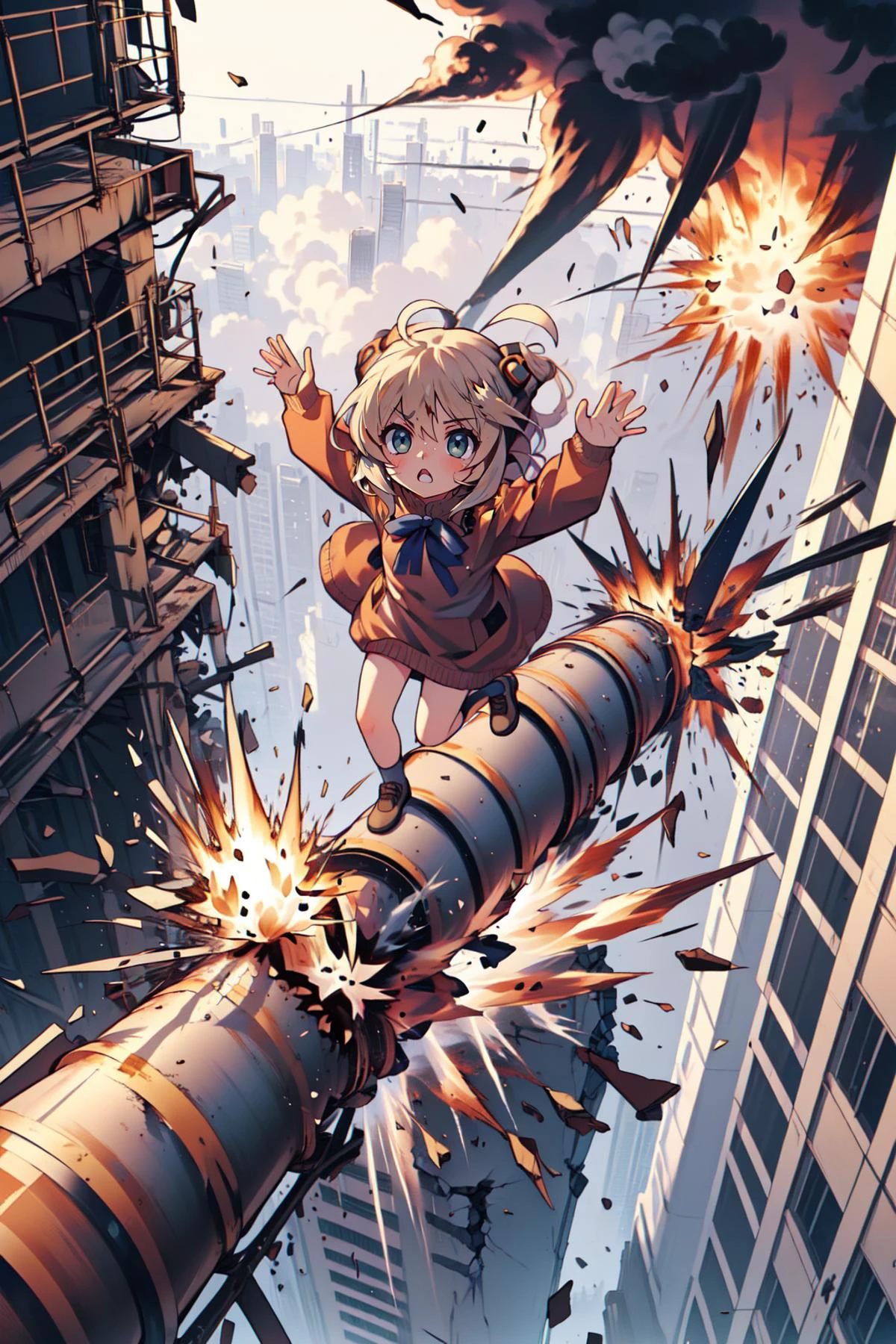 (masterpiece, best quality), intricate details,
1girl, <lora:SaberLion_V2-E10_(Fate):0.8> saberlio, ahoge, animal costume, lion, blue bow, tail, chibi,
<lora:balancingPipe:0.8> ((((unbalancing and walking on long narrow industrial pipe in high position))),debris,rubble,crack,destruction,balancing on only industrial pipe,spread arms,full body,outdoors,citycape,standing on one leg,trembling, (((explosion, explosive industrial pipe,falling))),smoke,