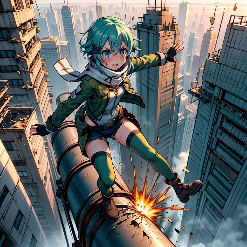 masterpiece,best quality,highly detailed,1girl,solo,clenched teeth,serious,concentrating,v-shaped eyebrows,wince,sweat,sweatdrop,blush,
<lora:sinon_v5:0.75>,sinon1,scarf,fingerless gloves,long sleeves,short shorts,hair ornament,hairclip,green thighhighs,green jacket,thigh strap,
BREAK
<lora:balancingPipe:0.5>,((((unbalancing and walking on long narrow industrial pipe in high position))),debris,rubble,crack,destruction,balancing on only industrial pipe,spread arms,full body,outdoors,citycape,standing on one leg,explosion,smoke,shattered industrial pipe,from above,