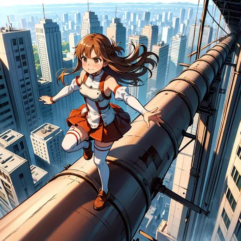 masterpiece,best quality,highly detailed,1girl,solo,clenched teeth,serious,concentrating,v-shaped eyebrows,wince,sweat,sweatdrop,blush,
<lora:asuna_(sao)_v1:0.7>,aaasuna,long hair,brown hair,braid,brown eyes,bare shoulders,armor,breastplate,white sleeves,detached sleeves,red skirt,pleated skirt,white thighhighs,
BREAK
<lora:balancingPipe:0.5>,(((in high position))),balancing and walking on long narrow industrial pipe in high position,debris,rubble,crack,destruction,balancing on only industrial pipe,spread arms,full body,outdoors,citycape,standing on one leg,explosion,smoke,shattered industrial pipe,from above,