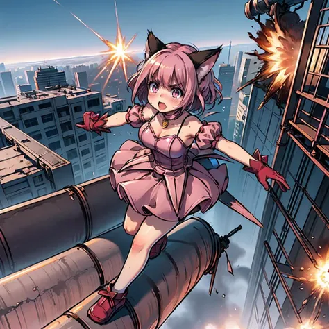 masterpiece,best quality,highly detailed,1girl,solo,clenched teeth,serious,concentrating,v-shaped eyebrows,wince,sweat,sweatdrop,blush,
<lora:momomiya_ichigo_v2:0.75>, blush, bow, cat girl, cat tail, choker, cleavage, detached sleeves, dress, gloves, large breasts, magical girl, mi1, pink choker, pink dress, puffy detached sleeves, puffy sleeves, red gloves, ribbon, tail, tail bell, tail bow, tail ornament, short hair,pink hair,
BREAK
<lora:balancingPipe:0.5>,((((unbalancing and walking on long narrow industrial pipe in high position))),debris,rubble,crack,destruction,balancing on only industrial pipe,spread arms,full body,outdoors,citycape,standing on one leg,trembling, (((explosion, explosive industrial pipe,falling))),smoke,shattered industrial pipe,