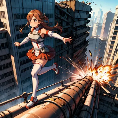 masterpiece,best quality,highly detailed,1girl,solo,clenched teeth,serious,concentrating,v-shaped eyebrows,wince,sweat,sweatdrop,blush,
<lora:asuna_(sao)_v1:0.7>,aaasuna,long hair,brown hair,braid,brown eyes,bare shoulders,armor,breastplate,white sleeves,detached sleeves,red skirt,pleated skirt,white thighhighs,
BREAK
<lora:balancingPipe:0.5>,((((unbalancing and walking on long narrow industrial pipe in high position))),debris,rubble,crack,destruction,balancing on only industrial pipe,spread arms,full body,outdoors,citycape,standing on one leg,(((explosion))),smoke,shattered industrial pipe,from side,
