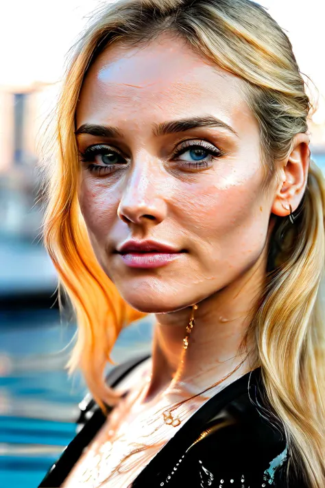 RAW, real photo portrait, dianeKr1, on a boat, (wearing a wet black t-shirt), pretty face, insanely detailed eyes, light blonde hair, high ponytail, bokeh, natural light, depth of field, golden hour, sharp focus