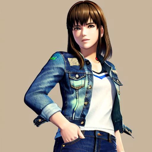 <lora:doa_hitomi:0.9> hitomi, denim jacket, sexy, feminine, jeans, denim