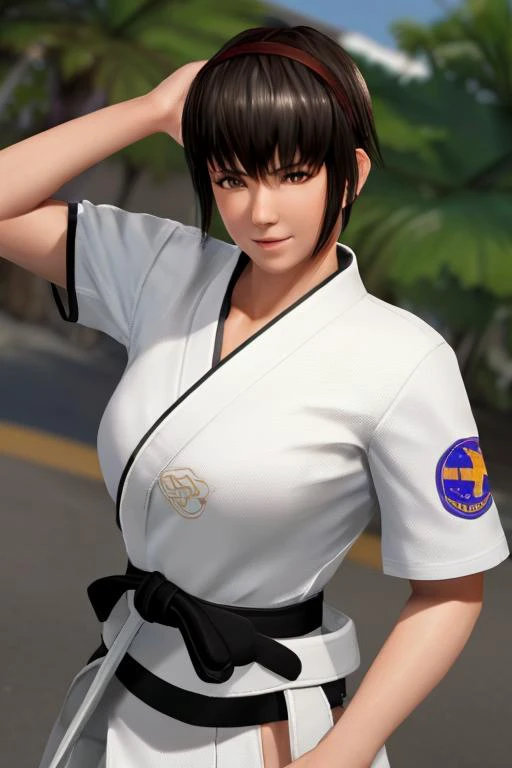 <lora:doa_hitomi:0.9> hitomi, white gi, black belt, arena, sexy, short hair