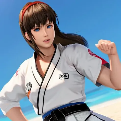 <lora:doa_hitomi:0.75> hitomi, white gi, black belt, arena, sexy, long hair, blue eyes