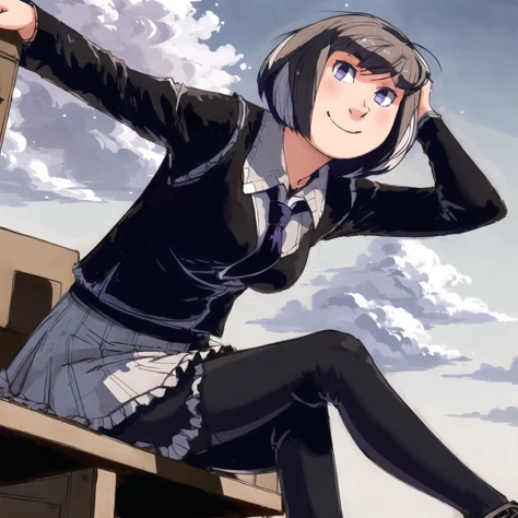 <lora:ixy_ssss_01-09--tsuyuu_ssss_01-09:1>,
1girl, black eyes, black hair, black hole, black necktie, black pantyhose, black skirt, bob cut, breaking, breasts, brown footwear, character name, classroom, clouds, cloudy sky, colored inner hair, concrete, dark, desk, destruction, empty eyes, floating hair, floating necktie, flying, foot up, full body, head tilt, juliet sleeves, light smile, loafers, long sleeves, looking at viewer, multicolored hair, naoetsu high school uniform, narrowed eyes, necktie, night, on desk, outstretched arms, pantyhose, parted lips, pink shirt, pleated skirt, puffy sleeves, purple hair, rubble, ruins, school desk, school uniform, shirt, shoes, short hair, sitting, sitting on desk, skirt, sky, sleeves past fingers, sleeves past wrists, small breasts, smile, solo, star \(sky\), starry sky, the darkness \(monogatari\), tile floor, tiles, wind