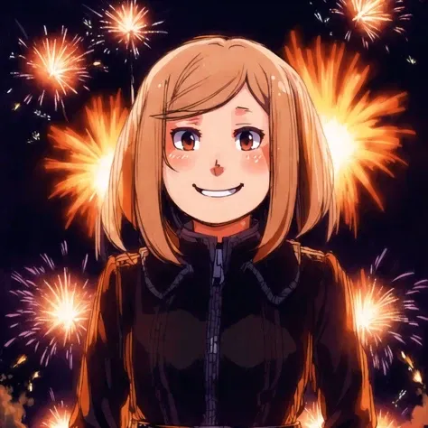 <lora:ixy_ssss_01-09--tsuyuu_ssss_01-09:1>,
above waist portrait beautiful cute anime young woman, Fiery firework ignites black background, sending flickering aesthetic firefly ashes towards viewer, happy smile