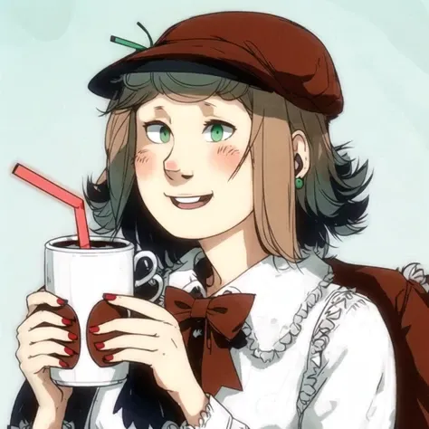 <lora:ixy_ssss_01-09--tsuyuu_ssss_01-09:1>,
1girl, :d, animal ear fluff, animal ears, bow, bowtie, brown hair, cat ears, cup, drink, drinking straw, earrings, green headwear, happy, hat, highres, holding, holding cup, jewelry, juice, mob cap, mug, nail polish, open mouth, palulap, red nails, smile, solo, upper body
