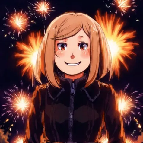 <lora:ixy_ssss_01-09--tsuyuu_ssss_01-09:1>,
above waist portrait beautiful cute anime young woman, Fiery firework ignites black background, sending flickering aesthetic firefly ashes towards viewer, happy smile