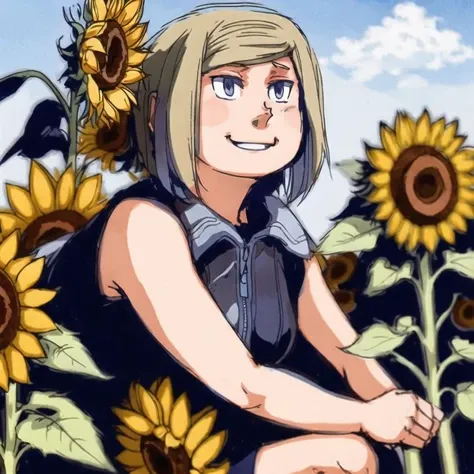 <lora:ixy_ssss_01-09--tsuyuu_ssss_01-09:1>,
masterpiece, best quality, gopnik anime smug young woman, adidas, squating, sunflowers, deep squat, cute face, smug grin