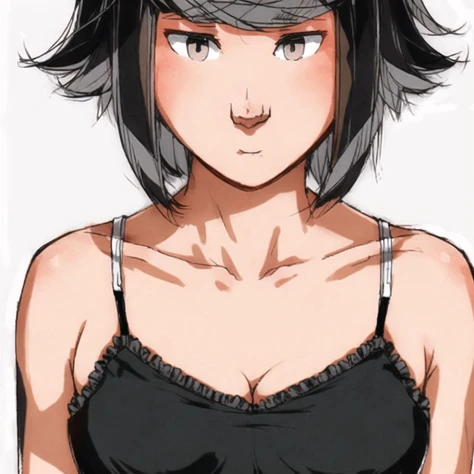 <lora:ixy_ssss_01-09--tsuyuu_ssss_01-09:1>,
solo, 1girl, masterpiece, best quality, black hair, (white camisole), brown eyes, bob cut, blunt bangs, brown eyes, blush, black hair, steaming, (freckles:0.8), collarbone, exposed shoulders, small breasts, empty background, white background, :o, confused, (?)