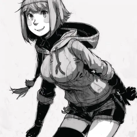<lora:ixy_ssss_01-09--tsuyuu_ssss_01-09:1>,
1girl, artist name, bangs, breasts, cowboy shot, dated, drawstring, from side, greyscale, hood, hood down, hoodie, huge breasts, looking at viewer, monochrome, short hair, short shorts, shorts, simple background, smile, solo, thighs, tomboy, white background