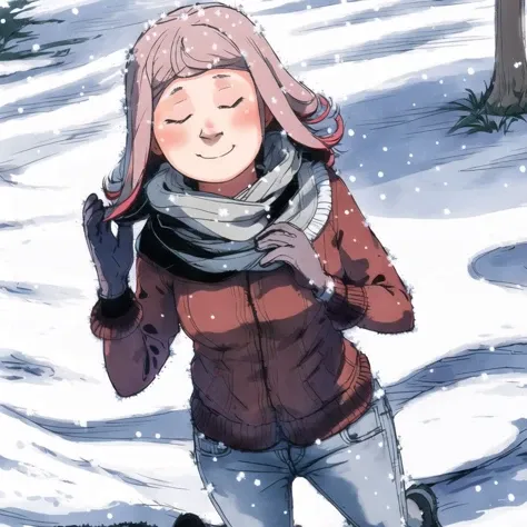 <lora:ixy_ssss_01-09--tsuyuu_ssss_01-09:1>,
1girl, ahoge, scarf, skirt, blurry, closed eyes, eyebrows visible through hair, hair between eyes, highres, holding, holding snowball, long hair, mole, snow, snowball, snowflake print, solo, winter clothes , :d, bangs, bench, breasts, breath, denim, depth of field, floating hair, gradient hair , hair intakes, hand up, head tilt, jacket, jeans, light blush, long sleeves, looking at viewer, mittens, mole, mole under eye, multicolored hair, open clothes, open jacket, open mouth, outdoors, pants, pocket, jacket, ribbed sweater , sidelocks, smile, snowball fight, snowing, snowman , streaked hair, sweater, very long hair, winter