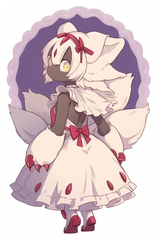 faputa looking at viewer, 4arms, curious expression, yellow eyes, ears down, white eyelashes, faputail, top arms out, fapuclaws, fapuhooves, bottom arms out, legs together, holding skirt, simple background, white background, dress, bow, closed mouth, standing, full body, hairband, frills, alternate costume, looking back, from behind, apron, from side, frilled dress, bright pupils, furry, frilled apron, purple bow, back bow, frilled hairband digital illustration,
<lora:Faputa-v4:1.3>