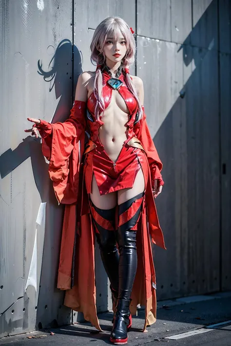 best quality, masterpiece, realistic, photorealistic, 1girl, solo, looking at viewer, full body, arms at side, inori cosplay costume, cosplay, center opening, fingerless gloves, thighhighs, twintails, hair ornament, simple background, wall, <lora:inori_cosplay_costume_v2:0.7>