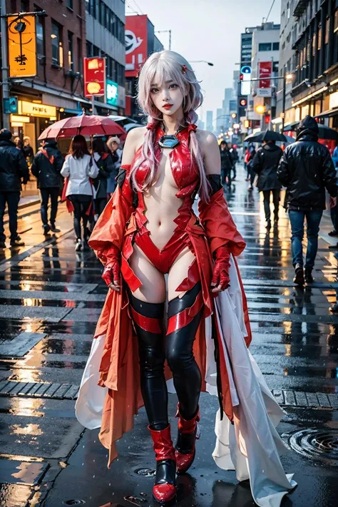best quality, masterpiece, realistic, photorealistic, 1girl, solo, looking at viewer, full body, arms at side, inori cosplay costume, cosplay, center opening, fingerless gloves, thighhighs, twintails, hair ornament, detailed background, in street, neon light, rain, cityscape, colorful, <lora:inori_cosplay_costume_v2:0.7>
