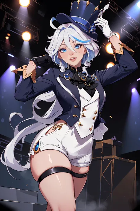 (masterpiece,best quality,absurdres,beautiful,sharp,detailed),stage,stage lights,1girl,furinadef, ahoge, blue headwear, top hat, jacket, ascot, brooch, long sleeves, black gloves, white gloves, white shorts, thigh strap,happy <lora:genshinimpact_furina:0.8>