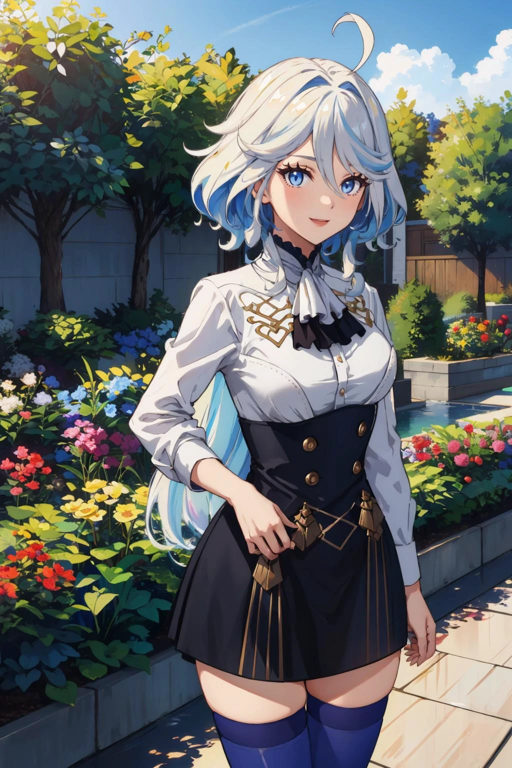 masterpiece, best quality, <lora:genshinimpact_furina-17:1> furinarnd, ahoge, <lora:gmuniform2-nvwls-v1:1> gmuniform, blue thighhighs, garden, smile, cowboy shot, white shirt