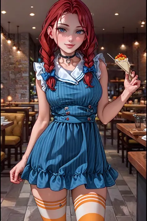 (aromasensei:1.3), best quality, masterpiece, detailed background, highly detailed, intricate, detailed face, long eyelashes, detailed eyes, (standing:1.1), (thick thighs:1.0), (medium breasts:1.1), (restaurant:1.3),
(one girl, 1girl:1.1), (solo:1.3), (wendy \(wendy's\):1.3), (light blue eyes:1.1), (red hair:1.1), (swept bangs:1.2), (twin braids:1.1), (blue hair bow:1.1), (thick lips:1.3), (choker:1.1), (pale skin:1.0),
(blue striped dress, frilled dress:1.2), (red striped thighhighs:1.2),
(light smile:1.3), <lora:AromaStyle-V7:1>