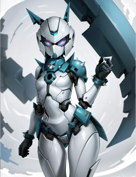 ((best quality)), ((highly detailed)), masterpiece, ((official art)), extremely detailed face, beautiful face, (detailed eyes, deep eyes), (1girl), cowboy shot, ((robot_girl)), robot limbs, robot body, (chrome_(material)), biomechanical, mechanization, (metal skin:1.33), lights, LEDs, wires, cables, shiny skin, ball-joints, (metal hair:1.3), (horned helmet, covered face, mask, face hidden, <lora:solidEyes_v70:1>, violet eyes, solid eyes, colored sclerae, medium breasts, spikes, <lora:AromaStyle-V9:.6>