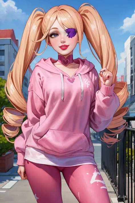 SLE, mksks style, best quality, masterpiece, detailed background, highly detailed, intricate, detailed face, long eyelashes, detailed eyes, (standing:1.1), (small breasts:1.3), (petite:1.2), (day, city:1.3),
(one girl, 1girl:1.1), (solo:1.3), (harime nui:1.0), (blue eyes:1.0), (blonde hair:1.0), (twin_drills, drill_hair, twintails:1.1), (eyepatch:1.2), (big_hair:1.3), (choker:1.2), (thick_lips, pink lips:1.3), (pale_skin:1.1),
(pink hoodie, oversized_clothes, pink yoga pants:1.3),
(smile:1.3) <lora:envybetterhandsLocon_beta2:1> <lora:AromaStyle-V9:0.65> <lora:klk_harime-10:1>