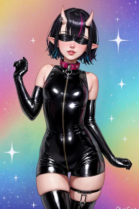 SLE, mksks style, best quality, masterpiece, detailed background, highly detailed, intricate, detailed face, long eyelashes, detailed eyes, (standing:1.3), (small breasts:1.3), (narrow_waist:1.4), (wide_hips:1.3), (skindentation:1.4), (thick_thighs:1.3), (big thigh_gap:1.4), (petite:1.3), (rainbow background, multicolor background, colorful background, ceaceless background, sparkly background, sparkles, shimmer:1.3),
(one girl, 1girl:1.0), (black blindfold:1.3), (black hair:1.3), (blunt bangs, short hair, messy hair:1.3), (red_collar:1.2), (oni_horns:1.1), (thick_lips:1.4), (pointy ears, long_ears:1.1), (pale skin:1.0),
(latex bodysuit, skin tight, spandex shorts, sleeveless, bare thighs:1.3), (arm_strap, wrist_straps, thigh_strap, latex elbow_gloves, latex thighhighs:1.3),
(light smile:1.0), <lora:envybetterhandsLocon_beta2:1> <lora:AromaStyle-V9:0.65>