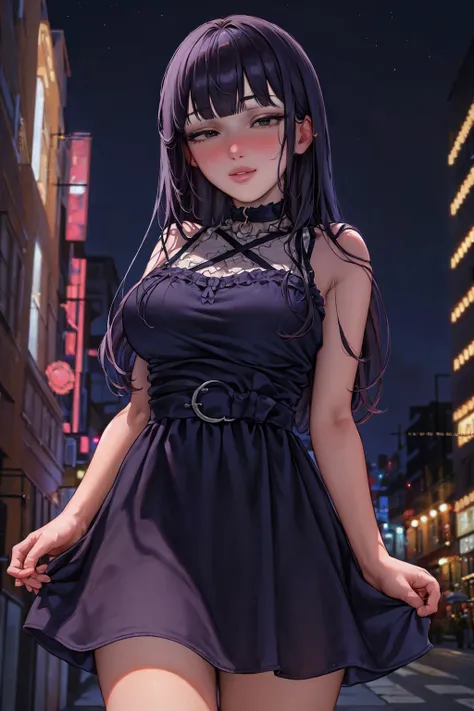 (aromasensei:1.3), best quality, masterpiece, detailed background, highly detailed, intricate, detailed face, long eyelashes, detailed eyes, (standing, pose:1.1), (cowboy shot:1.3), (portrait:1.2), (thick thighs:1.0), (large breasts:1.0), (city, night, dark sky:1.3),
(one girl, 1girl:1.1), (solo:1.3), (black eyes:1.2), (black hair:1.1), (straight hair, blunt bangs, long hair:1.2), (thick lips:1.3), (choker:1.1), (pale skin:1.0),
(gothic dress:1.3),
(light smile, blush, nose blush:1.1), (half-closed eyes:1.2), <lora:AromaStyle-V7:1>