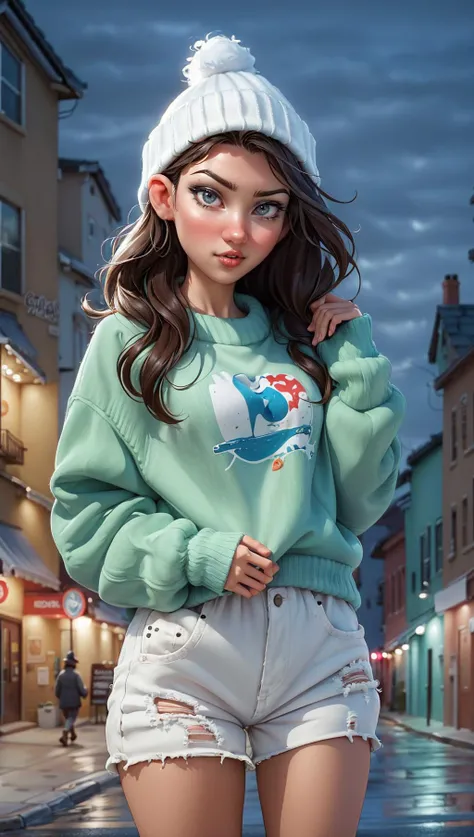 a cowboy shot of a young girl with a collection of Beanie, street, night, <lora:AromaStyle-V9:1>